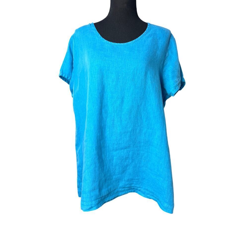 Cut Loose 100% Linen Top Women XL BLUE Short Sleeve Boxy Relaxed Fit Tunic